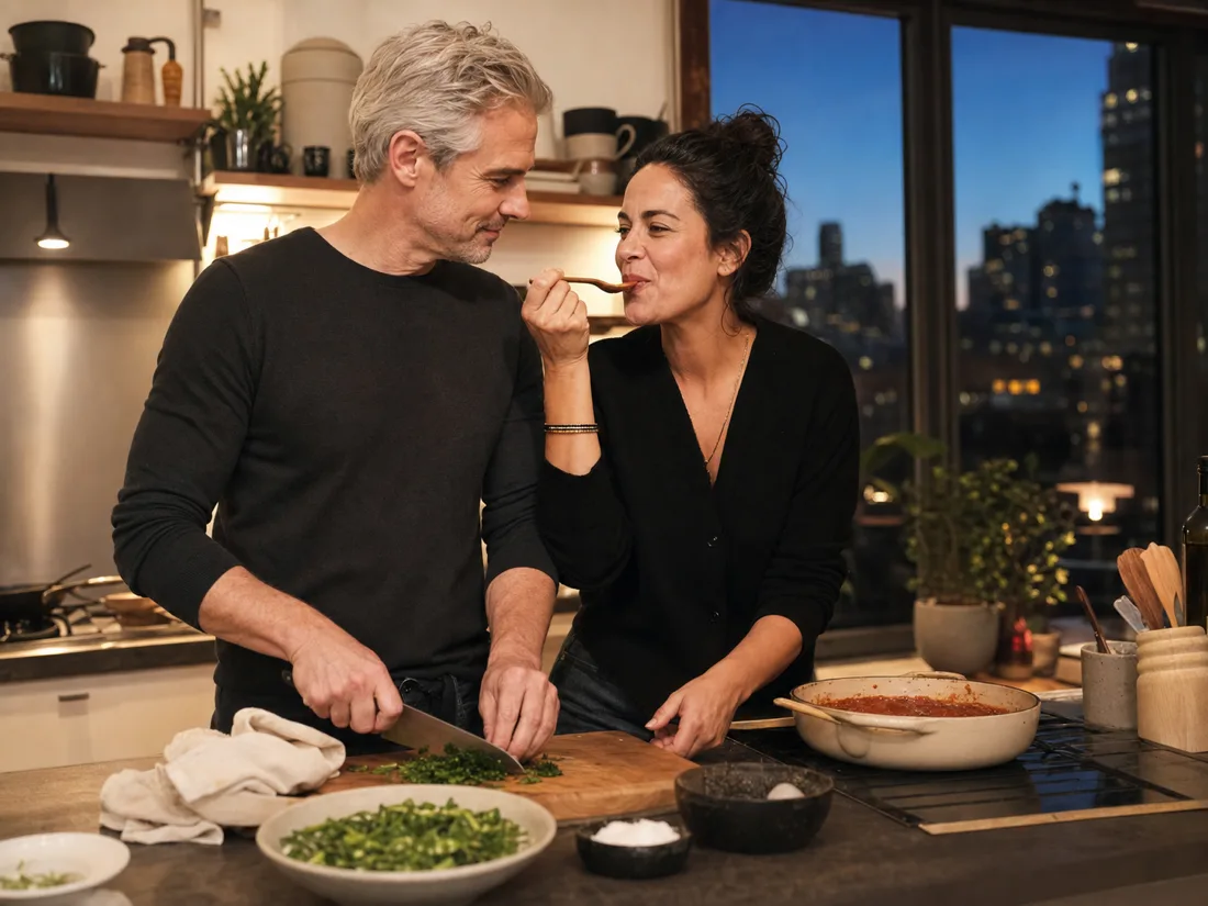 Illustrative scene created for DateJim: a couple cooking together in a bright home kitchen